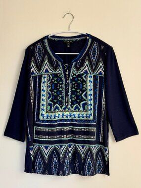 Tribal Dark Blue Geometric Kaleidoscope Print 3/4 Sleeve Tunic, L